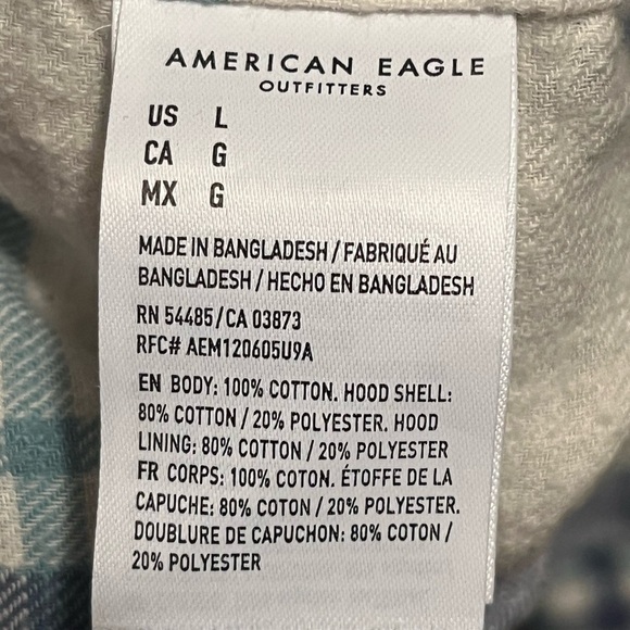 American Eagle Button-up Hooded Flannel Shirt Men's Size Large Blue Plaid - Picture 5 of 8